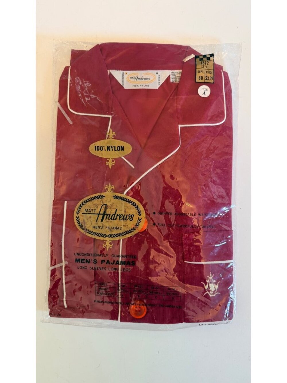 Vintage New Old Stock Men's Pajamas Set Matt Andrews Mens Size A Burgundy
